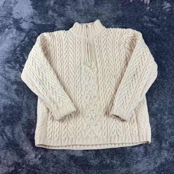 Aran Crafts 100% Wool Cable Chunky Knit 1/4 Zip Sweater Mock Neck Cream L *Read - Picture 1 of 15